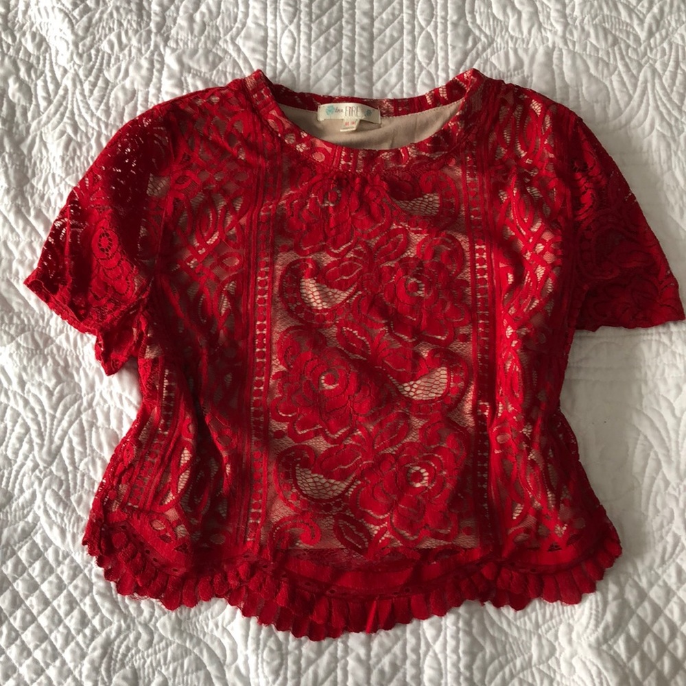 love, Fire Scarlet Floral Lace Blouse
